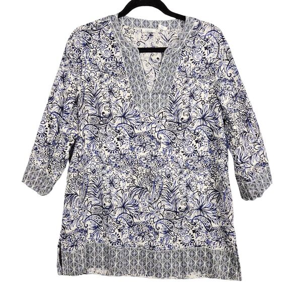 SIGRID OLSEN Blue & White 100% Linen Floral Paisley Boho Tunic Top SIZE M - Picture 1 of 16